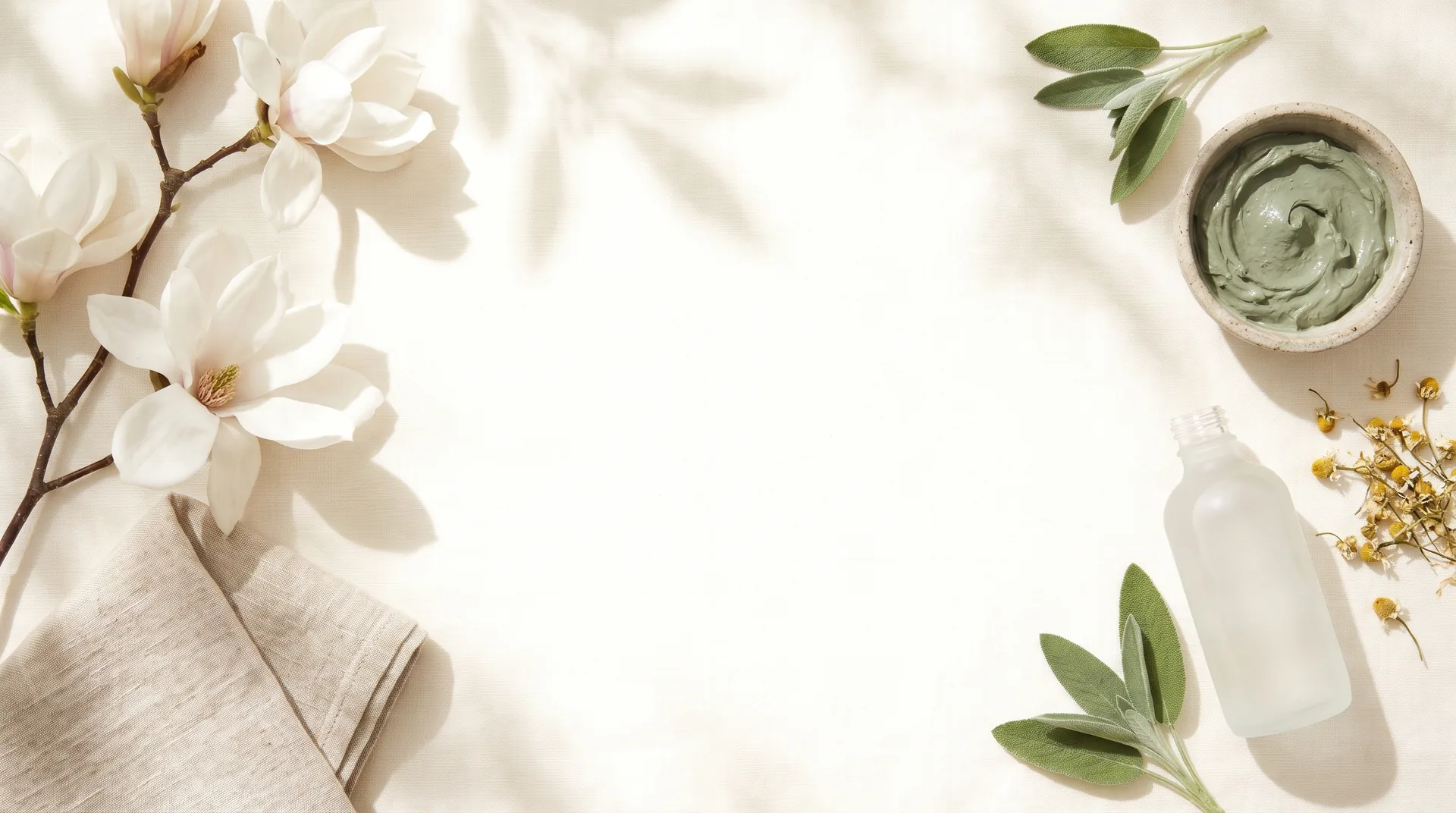 Magnolienzweig, Leinentuch, Schale mit grüner Tonerde, Salbei und Kamille